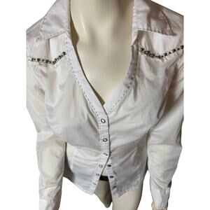 Guess White w Running Stitch Stud Button Down Shirt with Eagle & Floral on Back